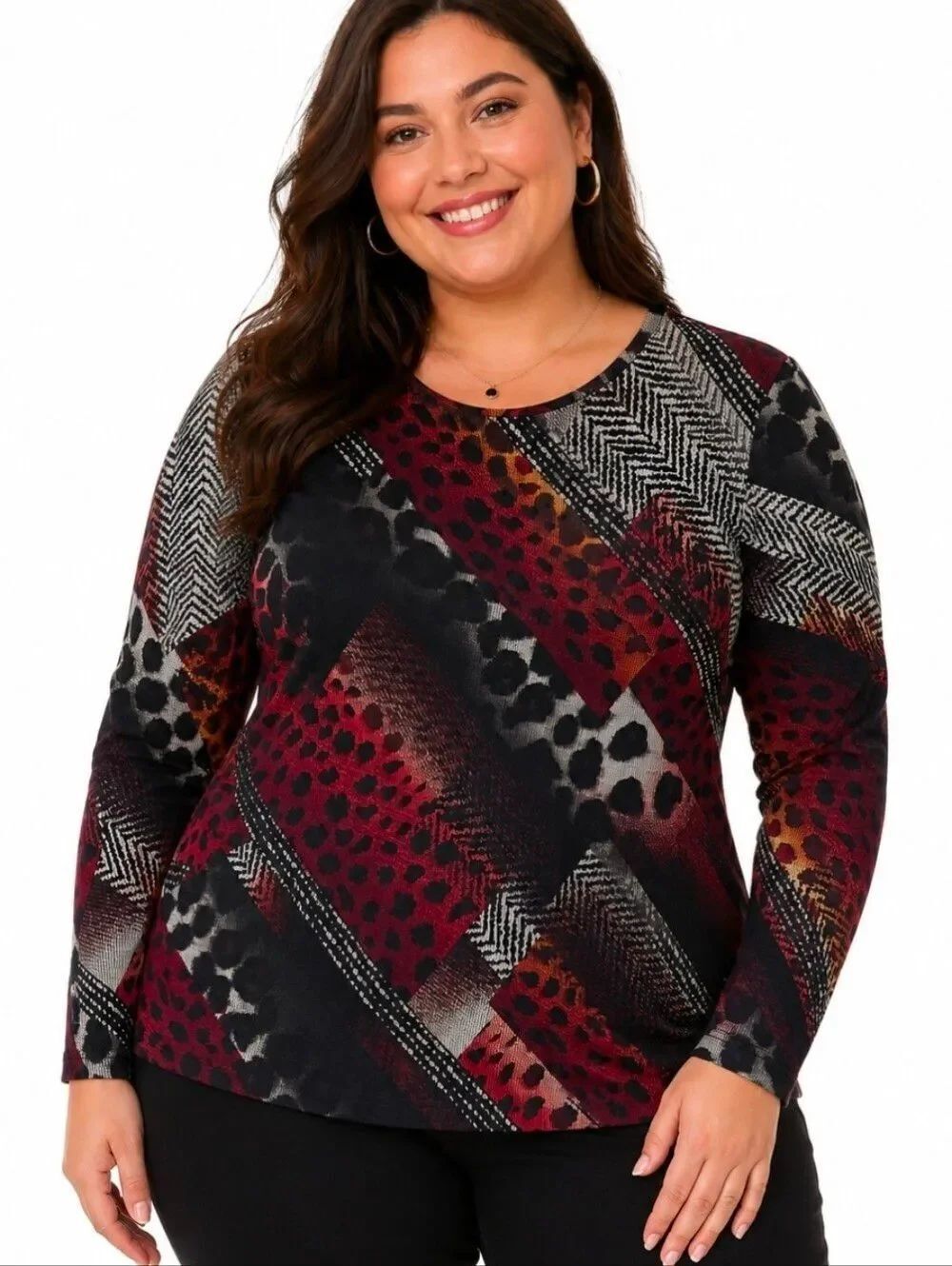 N Touch Women's Vibrant Pink Black Animal Print Pullover Long Sleeve Top